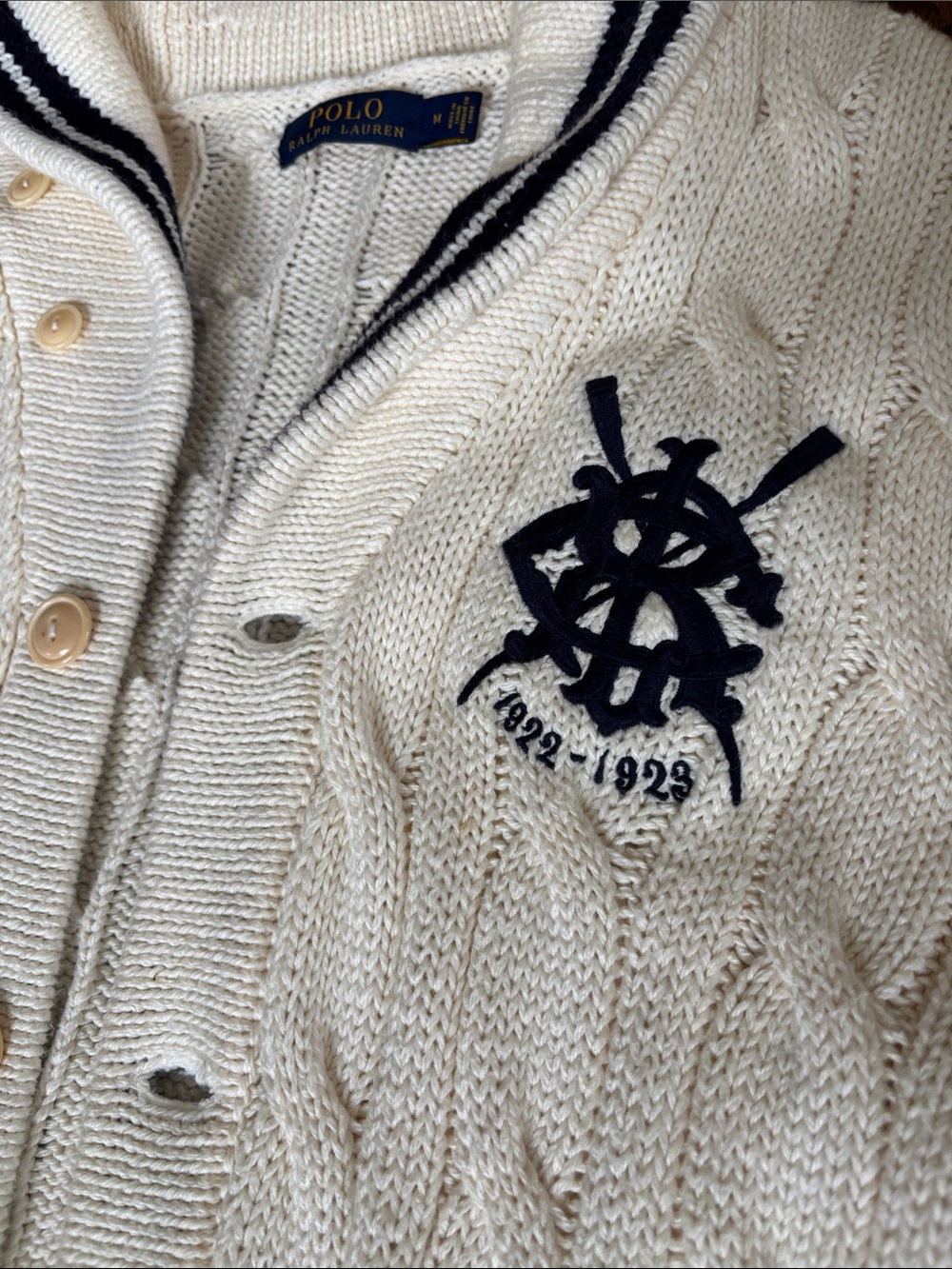 Vintage Polo Ralph Lauren Cream Cable-Knit Shawl-Collar Cardigan with Navy Tri - Picture 4 of 7